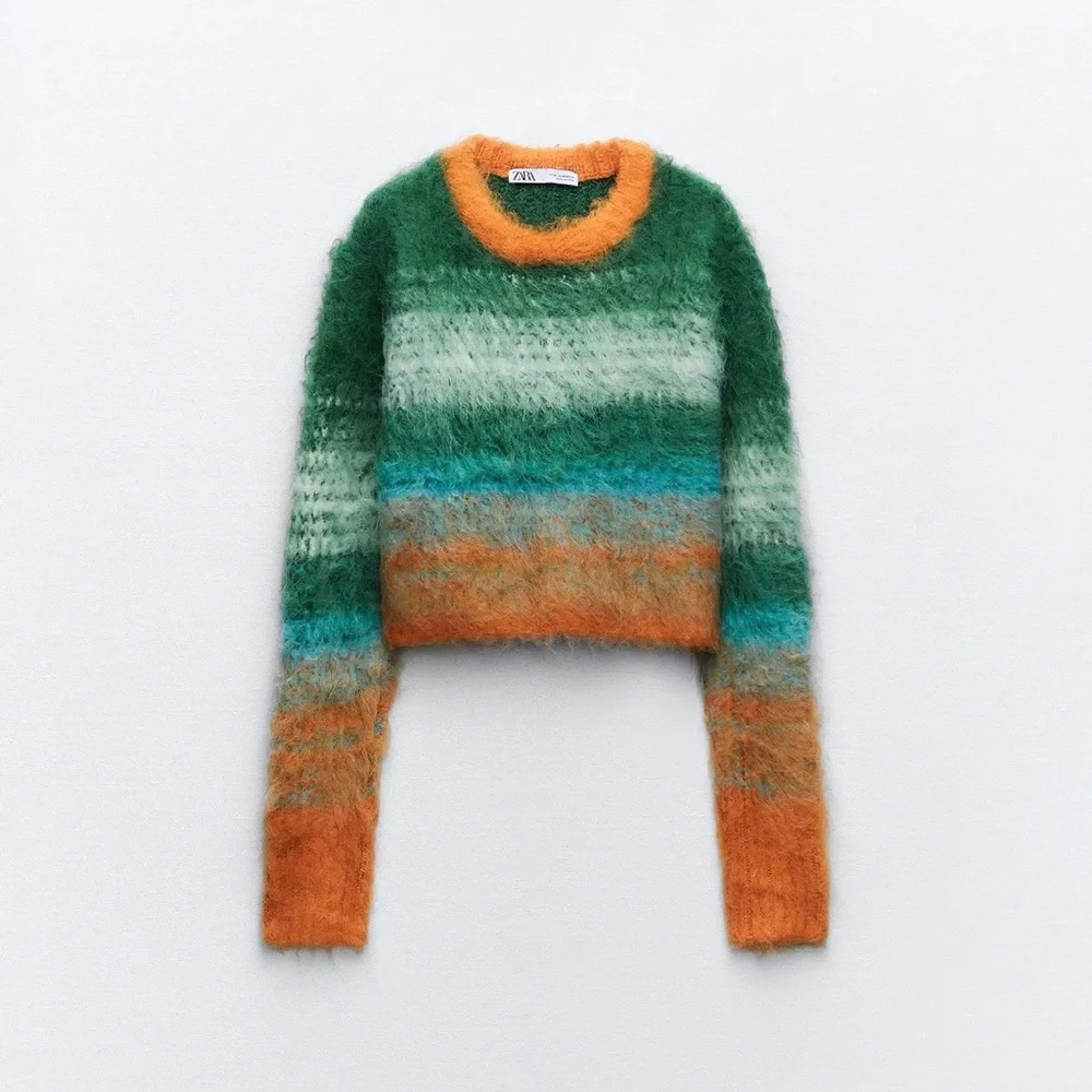 Zara Multicolor Fuzzy Striped Crewneck Sweater - Green, Orange, Cream - Picture 2 of 2